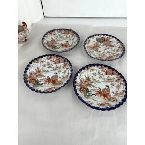 Japanese Antique China Four 7 in. Plates Cobalt Gold  Trim Geisha 1970's